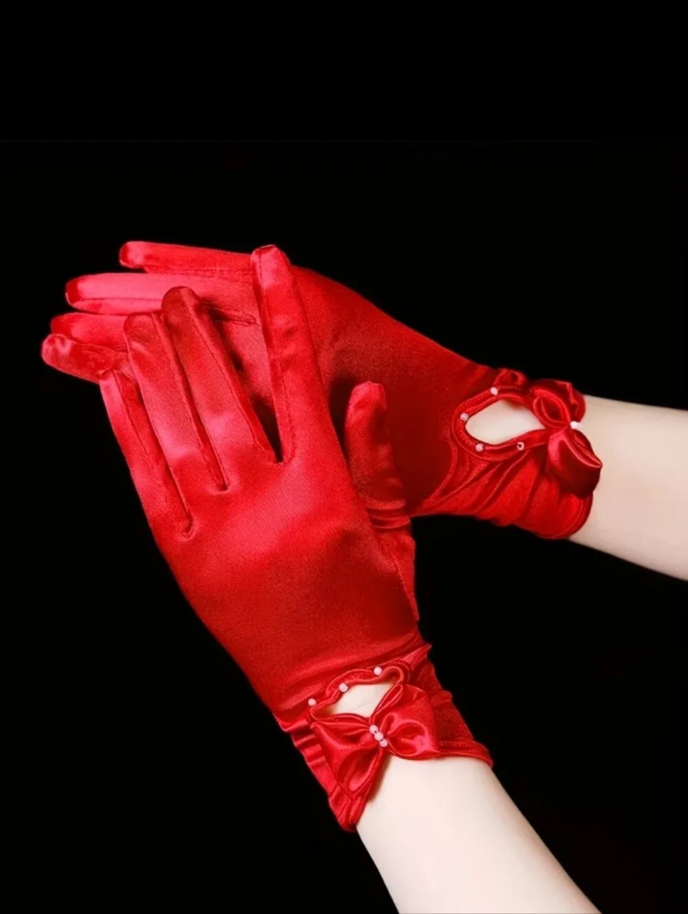 Elegant Red Satin Short Wrist Length Evening Gloves W/Bow & Faux Pearl Detail